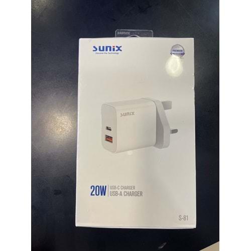 SUNİX S81 20W 3LÜ ADAPTÖR USB VE TYPE-C GİRİŞLİ